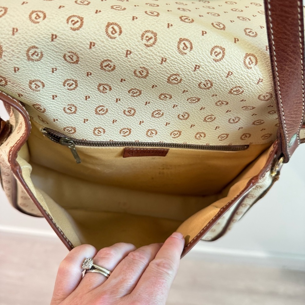 Vintage Pollini Italian Leather Logo Shoulder Bag Satchel Cream/Brown - Picture 13 of 14